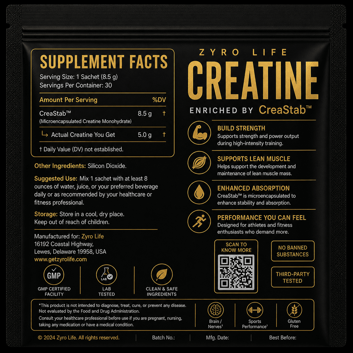 Zyro Life Creastab Creatine Monohydrate - 5 g Per Serving | 30 Stick Packs