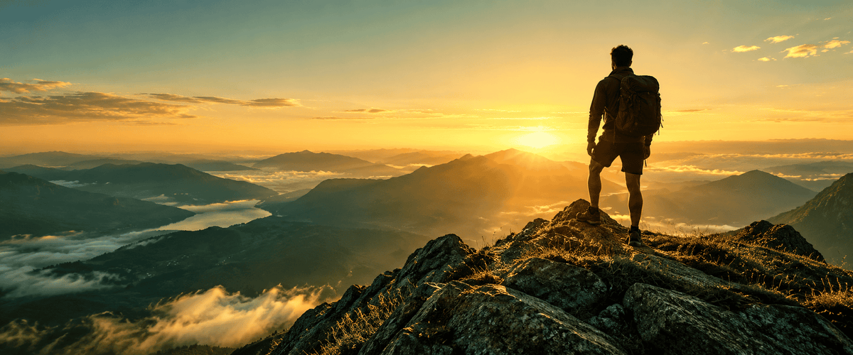 A hiker reaching a mountain summit at sunrise